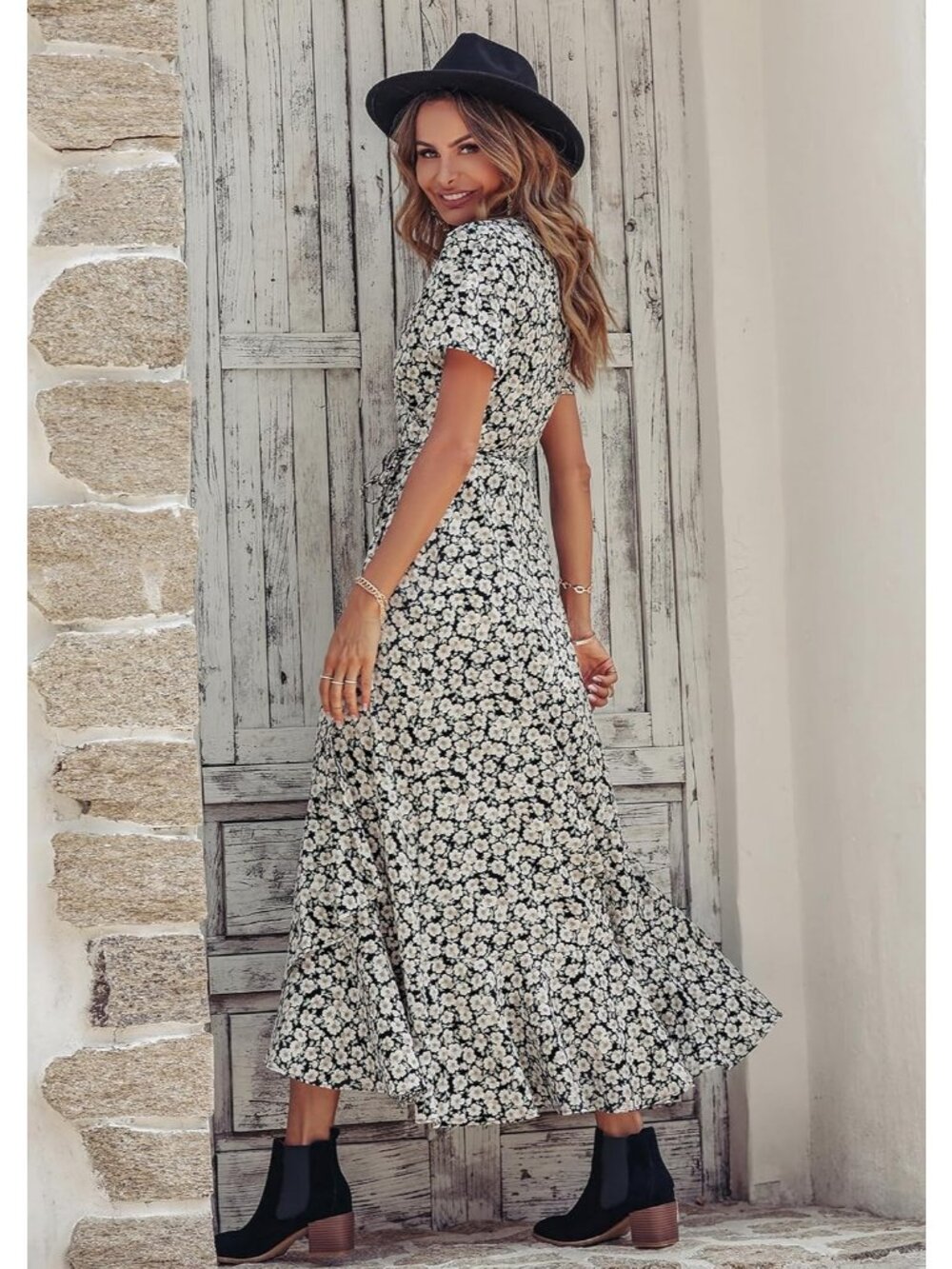 Women's Black White Floral V Neck Casual Short Sleeve Pull On Zipper Maxi Dress - Picture 2 of 6
